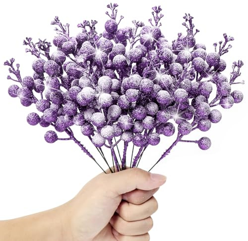 KKSTY Confezione da 16 bastoncini di bacche artificiali satinate, 22 cm, con bacche glitterate, rami innevati di agrifoglio per decorazioni per albero di Natale, fai da te, ghirlande, forniture per la