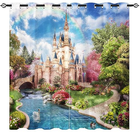 YUANZU Schloss Vorhänge Frau Mädchen Alice im Wunderland Ösen Gardinen mit Blickdichte Vorhang Kälteschutz Blackout Curtain Kinderzimmer Schlafzimmer Verdunkelung Fenster, 2 Stück, H 200 x B 140 cm