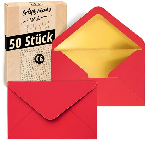 Japun - 50 Briefumschläge DIN C6, 162 x 114 mm, innen Gold, außen rot | Kuvert mit Gold-Inlay aus 140 g/m² Papier, Umschlag mit Nassklebung ohne Fenster, für Einladungen zum Beschriften & Bedrucken