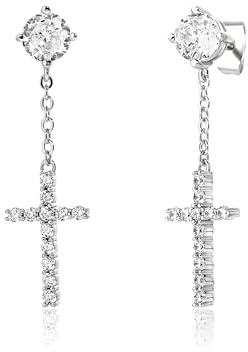 JINAO Cross Hoop Dangle Earrings 14K Gold Plated 5A+ Cubic Zirconia Cartilage Hypoallergenic Sterling Silver Cross Dangle Drop Earrings For Men Women-Stud Chain Silver