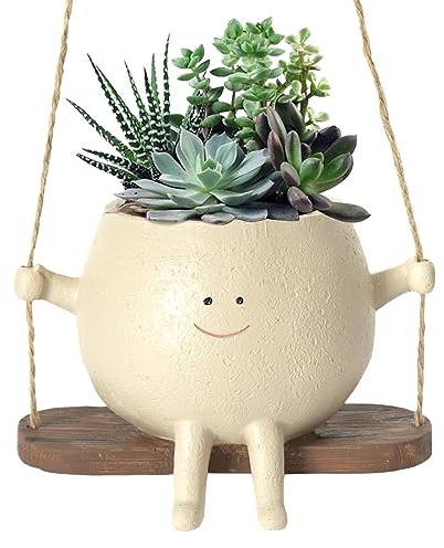 Maceta con columpio y cara de sonrisa, maceta colgante para cactus suculentas, macetas colgantes de pared, maceta decorativa para interior y exterior, habitación, balcón, jardín, hogar, oficina,