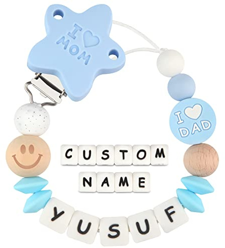 Kowlone Schnullerkette mit Namen Jungen mädchen Personalisiert Schnullerketten Ich liebe Mom Dad Schnuller Clips Halter für Baby Neugeboren(Hellblau)