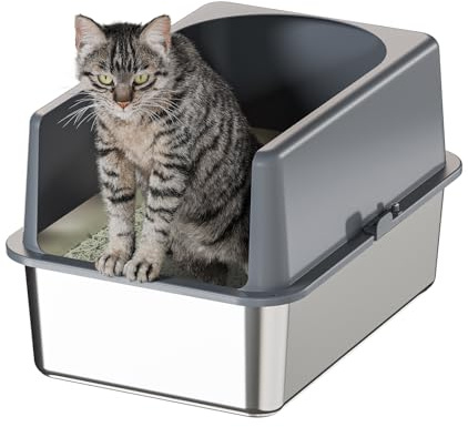 Bsadne Kattsandlåda i rostfritt stål med höga sidor, kattlåda i rostfritt stål med lock, mediumlåda, lättrengjord kattlåda i metall för katter (20 L X 14 B X 12 H med hölje)