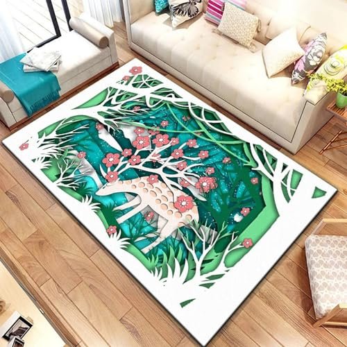 Kind Teppich 120 X 160 cm, Schlafzimmer Teppich, 3D Teppiche Wohnzimmer Teppiche Weich rutschfest Teppich Für Wohnzimmer Schlafzimmer Bettvorleger Elch Waldtier Hirsch Cartoon-Zeichnung -0D6W5I1H9V2E