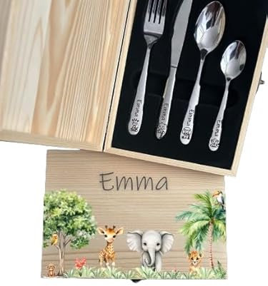 DEschenk personalisiertes Kinderbesteck mit Namensgravur | Besteck Kinder mit Gravur | Kindergeschirr personalisiert | Weihnachtsgeschenke für Babys | Taufgeschenk (Safari Set)
