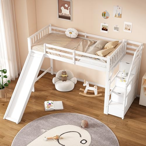 Hochbett mit Rutsche und Stauraumtreppe, Etagenbett Kinderbett mit Lattenrost & Rausfallschutz, 90x200 cm Stockbett Funktionsbett Spielbett Bettgestell für Jungen und Mädchen, ohne Matratze, Weiß