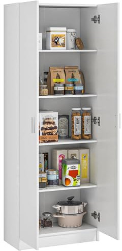 HOMCOM Armadio Multiuso con Ante Battenti, 5 Ripiani e 3 Livelli Regolabili, Mobiletto Multiuso Credenza in Legno Truciolato per Scarpe, Ingresso, Camera da Letto e Bagno, 60x31.5x165 cm, Bianco