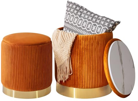 IBUYKE Set med 2 runda ottoman med förvaring för metallring dekoration, sammetspall för smink, modernt vadderat säte soffbord, multifunktionell fotstödspall, orange WBD016J