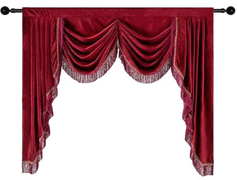 Luxuriöser roter Samtvolant mit Quasten für Fenster, Wasserfall-Stil, Vorhang, Querbehang, elegante Vorhänge für Wohnzimmer und Schlafzimmer, 124 x 150 cm