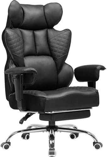 COMHOMA Silla de Oficina Grande y Alta, Silla ergonómica para Juegos de 180 kg de Ancho con Relieve de Lujo, Cuero diseñado con reposapiés, reposabrazos Ajustables de 150 °, Bolsillo, Resorte