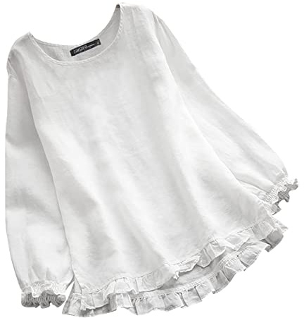 Dam Casual Linne Vår Sommar Elegant Blus Rund Hals Avslappnad Bekväm Lättviktig Vintage T-shirt Långärmad Andningsaktiv Blus Mode Knappar Office Toppar