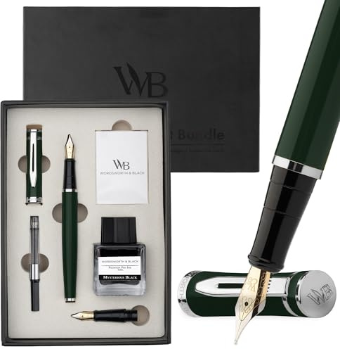 Wordsworth & Black Reservoarpennaset, 18 Karat Förgylld Medelstor Och Extra Fin Spets, 25 Ml Svart Bläckflaska, 6 Bläckpatroner, Påfyllningskonverter, Presentask, Släta Pennor [Grön Krom]