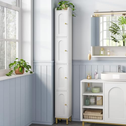 Hzuaneri Badrumsskåp, högskåp badrum med 4 dörrar, smalt badrumsskåp, smalt högt, justerbara hyllor, vardagsrum, kök, sovrum, 20 x 20 x 180 cm, vit BC42213G