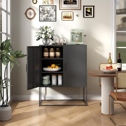 BIZOEIRON Buffetschrank mit Türen, Moderner Kleiner Metallschrank, Sideboard Buffet Aufbewahrung für Küche, Esszimmer, Wohnzimmer, Anti-Kipp Design(Schwarz)