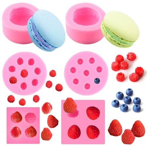 Lot de 6 moules 3D en silicone pour fondant, bougie, fraise, chocolat, biscuits, macaron, mûre, myrtille, cire, bombes de bain, gelée, cupcakes, décoration de bougies