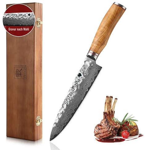 zayiko Minami Damast Gyuto Chefmesser mit Gravur – Personalisiertes Kochmesser, 20 cm Klinge aus 67 Lagen Damaststahl (VG10-Kern), Hammerschlag, Olivenholzgriff – Chefmesser in Geschenkbox