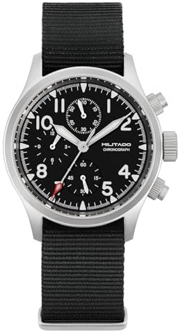 TACTICAL FROG Militado ML1868 39mm Military Chronograph Watch Sapphire Crystal VK67 Quartz Watches for Men BGW9 Luminous 100M Waterproof, Black Nylon Strap