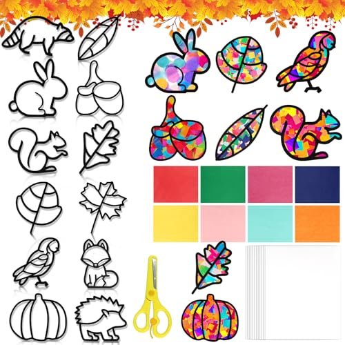 Huanmin 12 Stück Herbst Bastelset Kinder, Fensterbilder Herbst Basteln, Herbstdeko Basteln kinder, DIY Bas-teln für Kinder, Her-bst Erntedank, Halloween, Weihnachten Geschenke für Kin-der