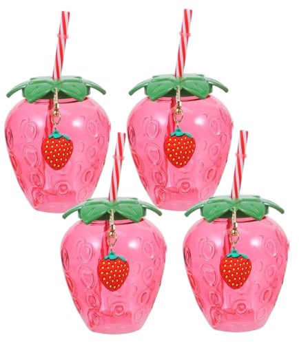 Hintyne 4 Bicchieri a Forma di Fragola con Coperchio e Cannuccia Bicchieri di plastica a Forma di Fragola da 500 ml con Ciondolo Borraccia Riutilizzabile per Decorazioni estive da Spiaggia.