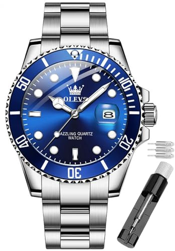 OLEVS Armbanduhr für Herren, wasserdicht, blaues Zifferblatt, luxuriös, zweifarbig, Edelstahl-Armbanduhr mit Tagesdatum, modisch, klassisch, Silberfarben/goldfarben/grünes Zifferblatt, Armband