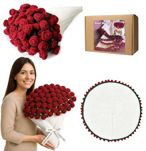 Yarniss Crochet Rose Bouquet Blanket 49x49,Handmade Rose Crochet Throw Blanket,Romantic Gift for Girlfriend,Mother’s Day Valentine Wedding Anniversary Birthday,Finished
