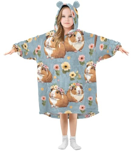 Kids Oversized Blanket Hoodie, Capybara Flower Warm Fleece Sweatshirt Plush Wearable for Girls Boys, Front Roomy Pocket, Cute Ear Cap, Medium