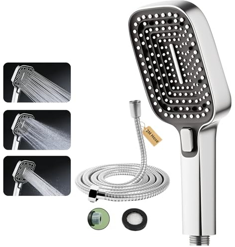 SERIONR Pomme de Douche Haute Pression avec 3 Modes, Shower Head à Economie Deau avec Tuyau 2,0 M, Douchette Salle de Bain Carrée 110 mm, Pommeau douche Anti calcaire, Chromée
