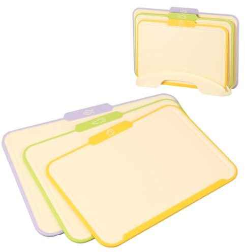 Lot de 3 planches à découper en plastique avec support de rangement et poignées antidérapantes, planche à découper double face avec différentes tailles, planche à découper de cuisine pour couper et
