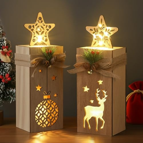 Festicy Holz Weihnachtsdeko mit LED Licht I 2er Set beleuchtete Holzdeko Weihnachten mit Elch & Stern I Weihnachtsdeko Holz beleuchtet für Fensterbank Tisch Kamin I Besondere Weihnachtsdeko Innen