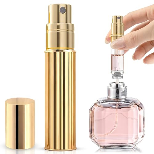 TonJin 5ml Travel Perfume Atomiser Refillable, Small Portable Empty Spray Bottle, Leakproof & Easy To Refill Perfume Decanter Cologne Dispenser for Women and Men(Gold)