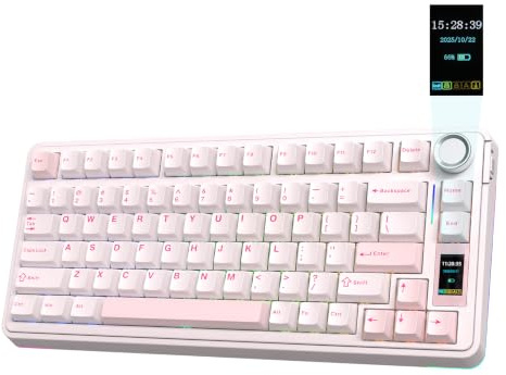 EPOMAKER X Aula EA75 MAX Teclado Gaming Mecánico de 3 Modos con Pantalla | Perilla, 5000mAh, Hot-Swap, RGB, Teclas PBT, Gasket Suave, Teclado Inalámbrico del 75%, Formato ANSI US, Rosa, Reaper Switch