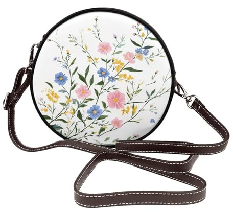 Woshuwo Sac à bandoulière rond en cuir coloré avec fleurs sauvages et vigne pour femme