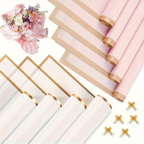 Eudomis 40 Blatt Blumen Papier (20 Rosa und 20 Weiß,Blumenpapier 58x58 cm) | Wasserdicht Kunststoff-Blumenfolie mit Goldrand, Blumenpapier für Blumenstrauß Geschenkboxen Schmücken und DIY