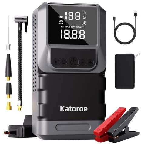 Arrancador de Coches 6000A con Compresor, 150PSI Inflador de Neumáticos, Arrancador de Baterias de Coche(10L Gasolina o 8L Diésel), 12V Jump Starter con Pantalla LED, Luz de Emergencia