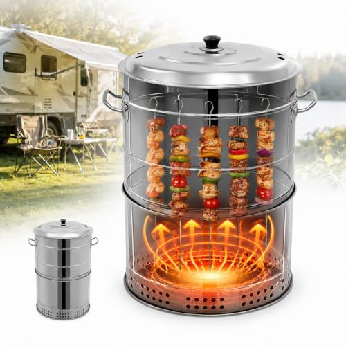 Barbacoa de carbón portátil de acero inoxidable, horno colgante vertical de 360 grados, sin humo, con pinchos, bandeja de aceite, gran capacidad, para camping, patio, separación de aceite y