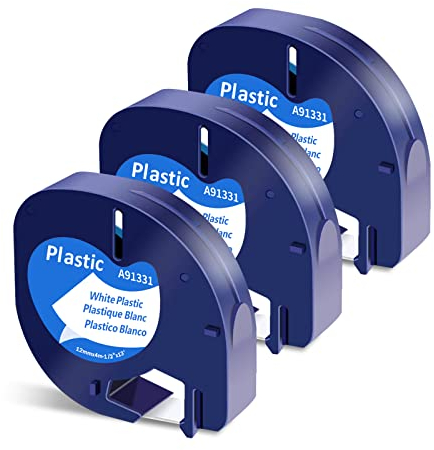 3 x Etikettenband Kompatibel mit Dymo Letratag Etikettenband White Plastic 12mm x 4m A91221 Kompatibel mit Dymo Beschriftungsgerät LetraTag LT-100H,200B,XR,LT-110T,QX50,2000,XM (Schwarz auf Weiß)