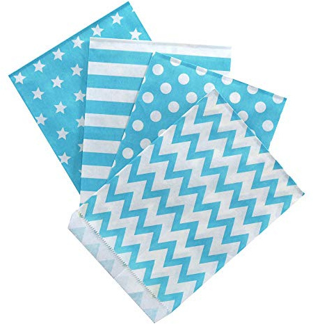 Frau WunderVoll® 100 PAPIERTÜTEN BEACHBLAU, Sterne, Streifen, Punkte, Zacken 13 x 16,5 cm, 45 Gramm Papier, flach/Candy Bar, Hochzeit, Kindergeburtstag, Papiertütchen, Candybag, Mitgebseltüten
