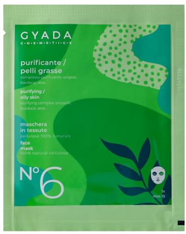 Gyada Cosmetics, Maschera Viso in Tessuto Purificante, ad Azione Antimicrobica e Seboregolatrice, per Pelli Impure, Acneiche e Grasse, Con Aloe Vera e Vitamina E, 15 Ml
