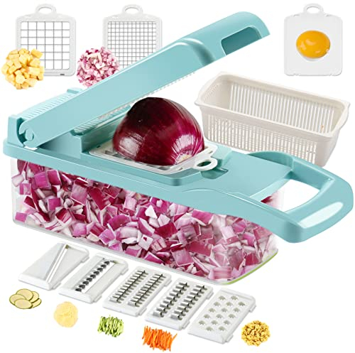 Ourokhome Cortador de mandolina en dados de verduras, 7 cuchillas, práctico triturador de cebolla con separador de huevos y colador para cocina, múltiples usos (azul)