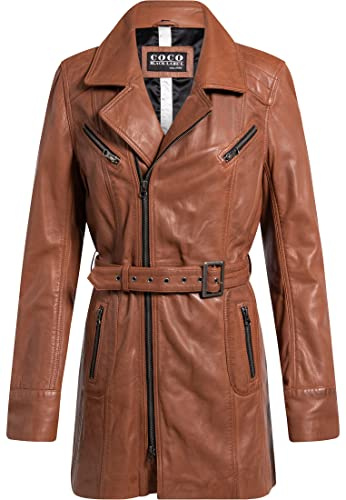 COCO Black Label since1986 Damen Lederjacke Sara Ledermantel mit Gürtel einem asymmetrischem Reißverschluss und Reverskragen aus Lammleder, Farbe:Cognac Braun, Größe:34