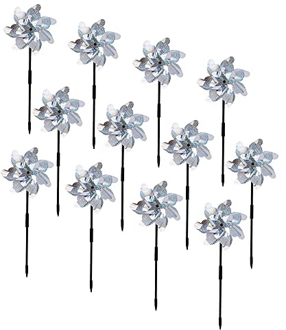 BATTIFE Reflective Pinwheels for Yard and Garden, Pre-Installed Sparkly Blind Birds Pin Wheel, Scare Birds & Animal Away Wind Spinner, 12 Pack (Silver)