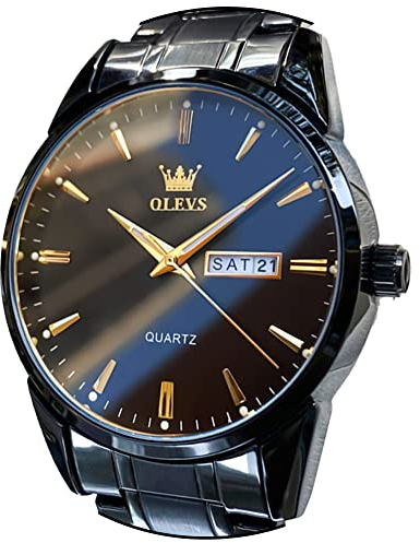 OLEVS Armbanduhr für Herren, Edelstahl, Business-Kleid, analog, Quarz, Herrenuhr, großes Zifferblatt, wasserdicht, leuchtend, klassische Armbanduhr, Schwarzes Zifferblatt, Armband