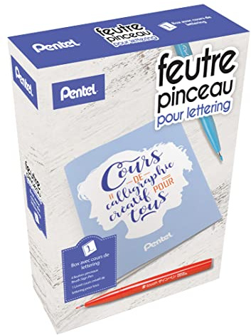 Pentel Arts Kit Lettering contenant 4 feutres pinceau Brush Sign Pen SES15C Noir, Rouge, Bleu ciel et Violet + 1 livret Cours de lettering pour tous offert