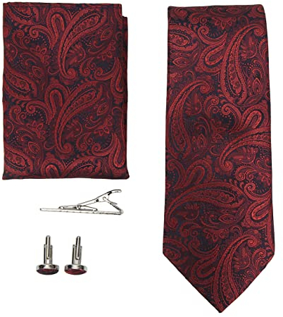 Krawatte mit Einstecktuch Set, Herren inkl Manschettenknöpfe, Krawattennadel und Geschenkbox, Rotes Muster Krawatte Taschentuch Krawattennadel für Männer Business Hochzeit Tie Sets