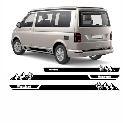 Seitenstreifen Aufkleber Berge-Palme-Surfbrett passend für VW T6.1, T6, T5, Multivan, Bulli, Transporter - Seitenaufkleber mit WUNSCHTEXT