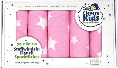 ClevereKids | Moltontücher Flanellwindeln Spucktücher | 5er-Pack | 75 x 80 | Tiere und Sterne | Oeko-TEX | Kuschelqualität (Stern rosa-weiß)