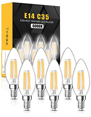 tuare E14 LED Light Bulb, 4W 400 Lumens E14 LED Light Bulb Cool White 6000K, 40W Equivalent SES Small Edison Screw Light Bulbs, CRI 80 Candle Bulb, Non Dimmable - Pack of 6