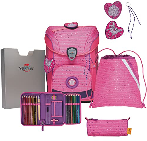 DER DIE DAS leichter Schulranzen, ErgoFlex Easy Pretty Unicorn Set 5-teilig, ca. 20,5 l Volumen, ca. 950 g Gewicht