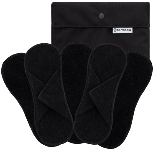 Bamboolik|Waschbare Slipeinlage | Bio-Baumwoll-Frottee | Klettverschluss|5er-Set - Schwarz + mini Wetbag Schwarz|wiederverwendbar|MADE IN EU|Stoffslipeinlagen Ausfluss|Stoffbinden
