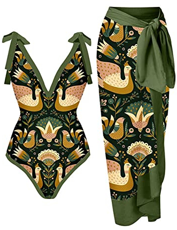 Saymany Damen Badeanzug v Ausschnitt Sexy high Waist Badeanzug Swimsuit Sport Einteiler bademode Tankini Push up+ 1-teiliges Vertuschung-Badeanzug mit Vintage Druck Elegant Swimsuit